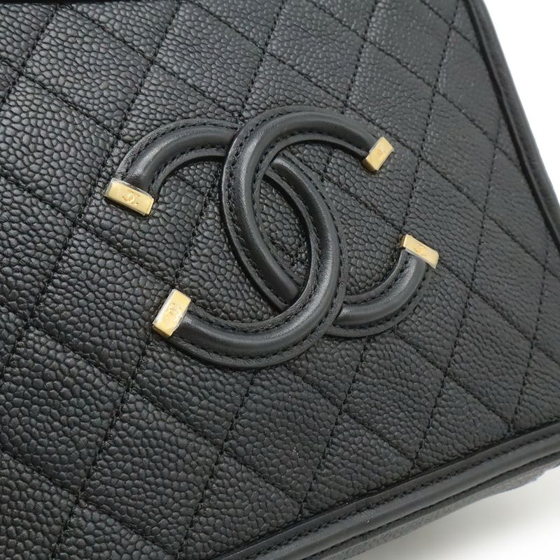 Chanel CC Filigree Quilted Vanity Case Handbag 2-Way Chain Shoulder Caviar