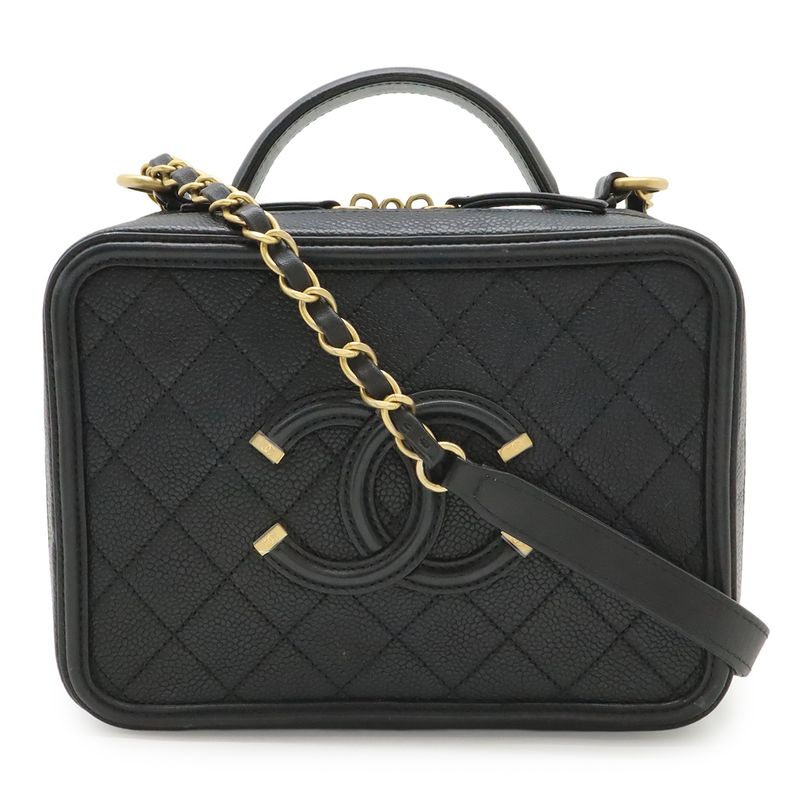 Chanel CC Filigree Quilted Vanity Case Handbag 2-Way Chain Shoulder Caviar