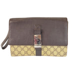 Gucci Brown Beige Silver GG Supreme Canvas Leather Clutch
