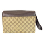 Gucci Brown Beige Silver GG Supreme Canvas Leather Clutch