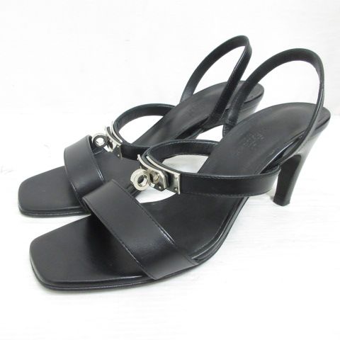 Hermes Glam 75 Sandals Leather Kelly Buckle 35.5 Black Strap X