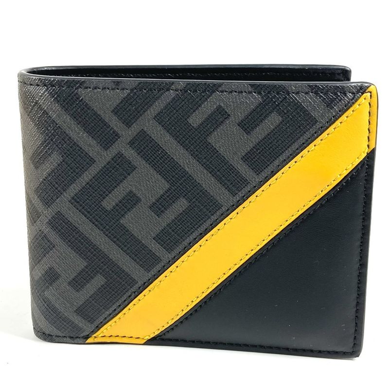 Fendi Bifold Wallet Zucca Logo Leather Black Yellow