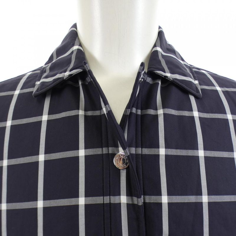 Hermes Button Coat Navy Gray White Check