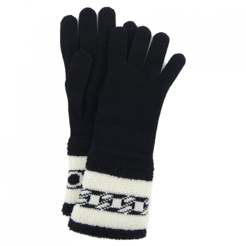 Chanel Glove Gloves Silk Cashmere Black White