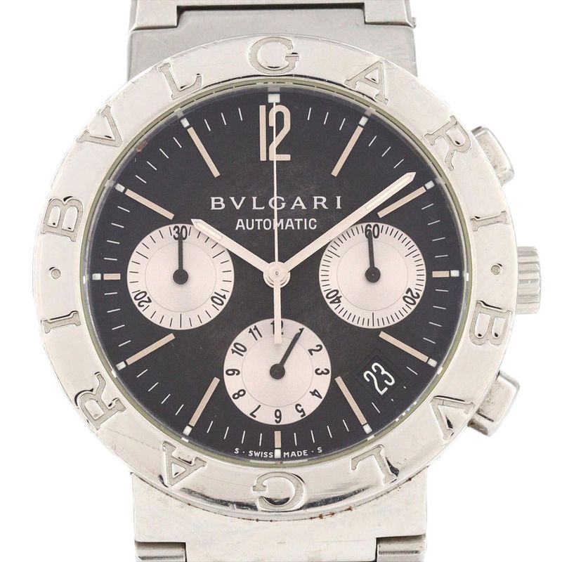 Bvlgari Chronograph at SS Bracelet Dial Color: Black.