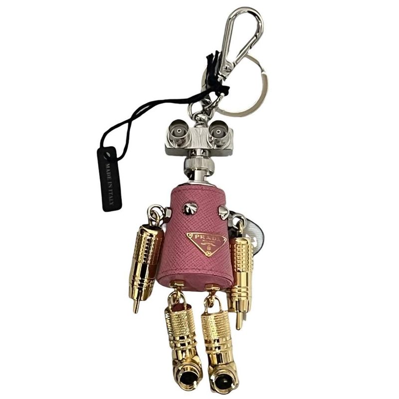 Prada Robot Pink Silver Gold Leather Metal Key Holder Charm