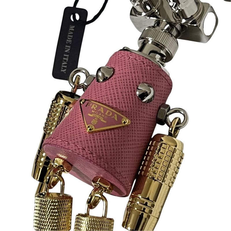 Prada Robot Pink Silver Gold Leather Metal Key Holder Charm