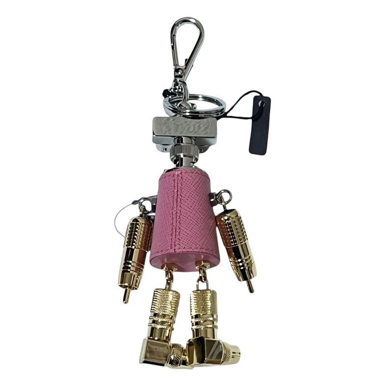 Prada Robot Pink Silver Gold Leather Metal Key Holder Charm