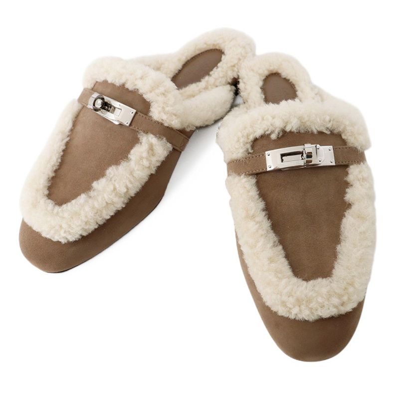Hermes Mule Oz Sheepskin Velour 37 Shoes Etoupe Ecru