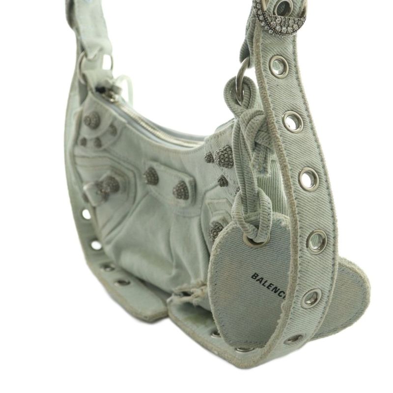 Balenciaga le Cagole Denim Shoulder Bag Rhinestone Decoration Bicolor Light Blue Light