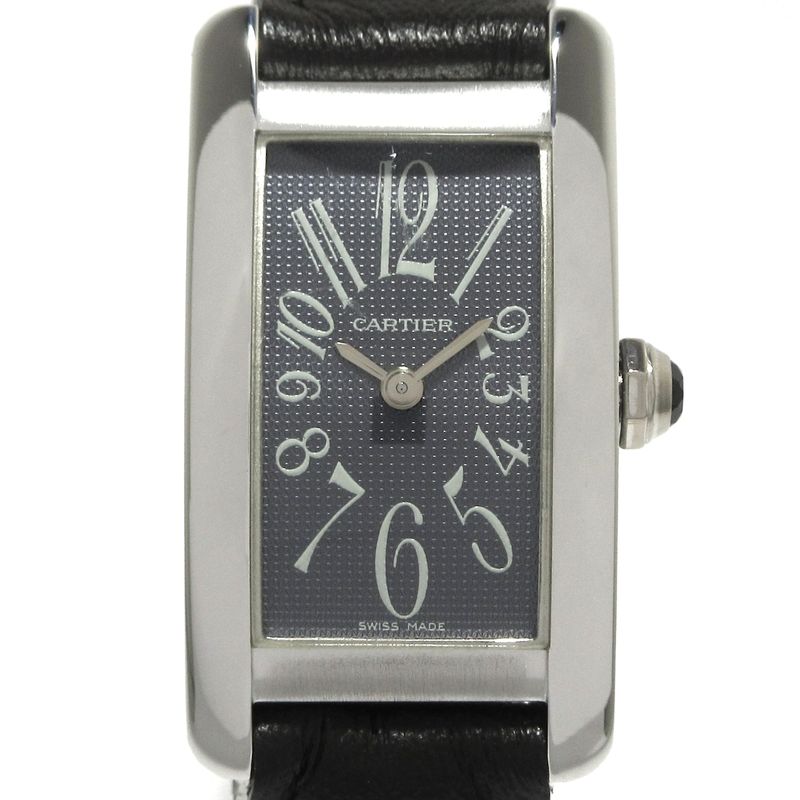 Cartier Watch Tank American SM 18K White Gold External Leather Dark Gray