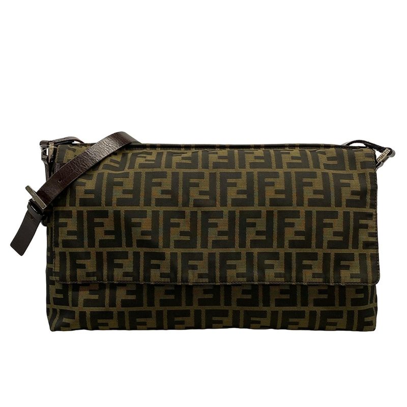 Fendi Shoulder Bag Zucca Pattern Brown Black Dark Leather