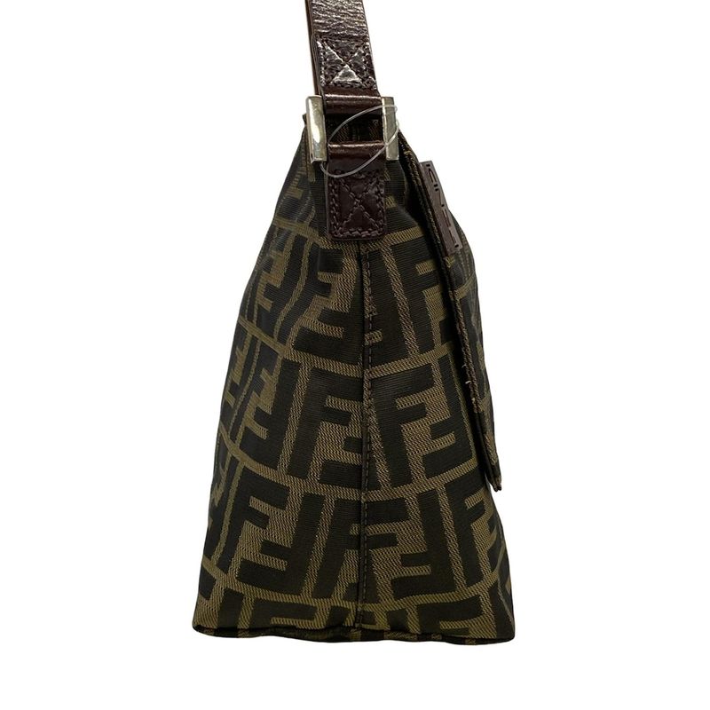 Fendi Shoulder Bag Zucca Pattern Brown Black Dark Leather