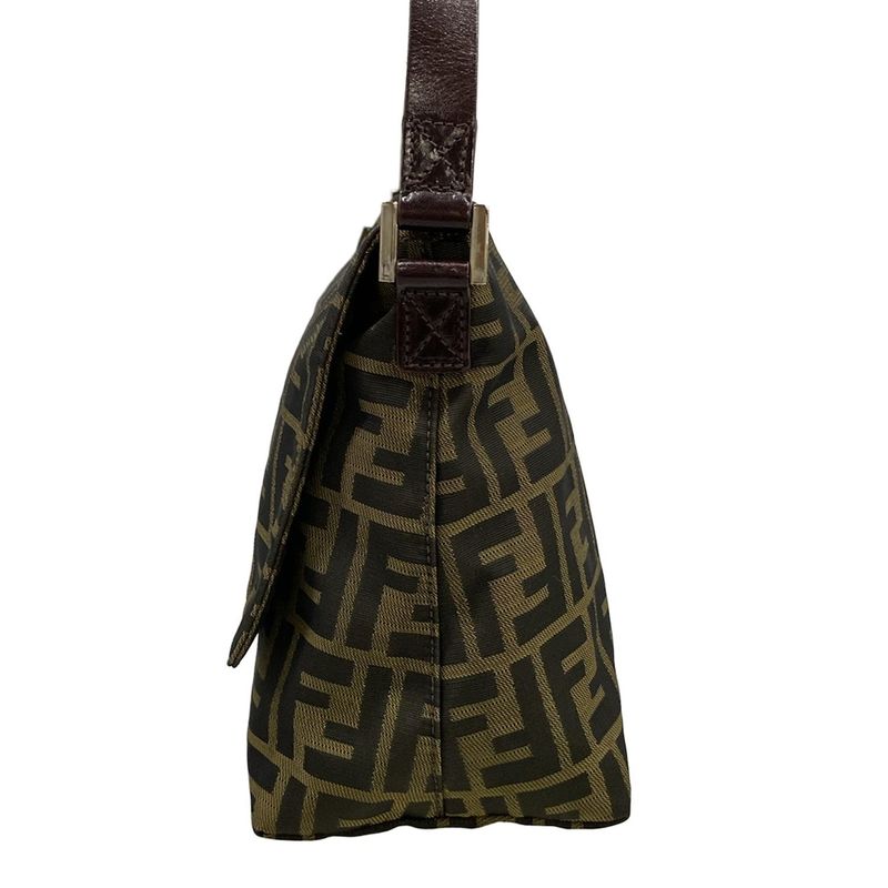 Fendi Shoulder Bag Zucca Pattern Brown Black Dark Leather