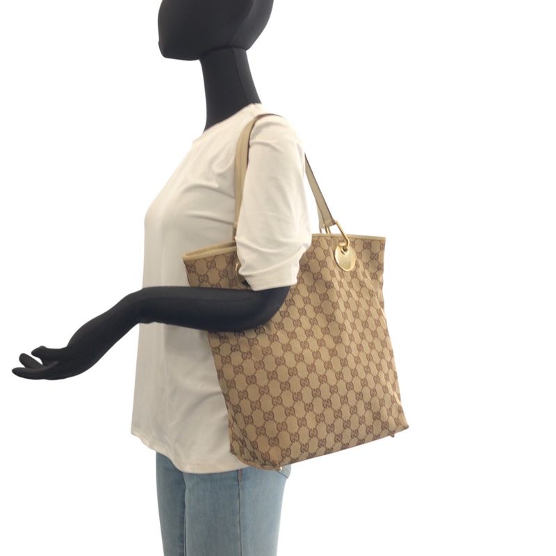 Gucci Beige White Gold GG Canvas Leather Tote Shoulder Bag