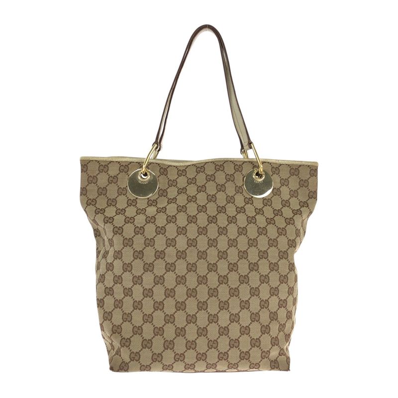 Gucci Beige White Gold GG Canvas Leather Tote Shoulder Bag