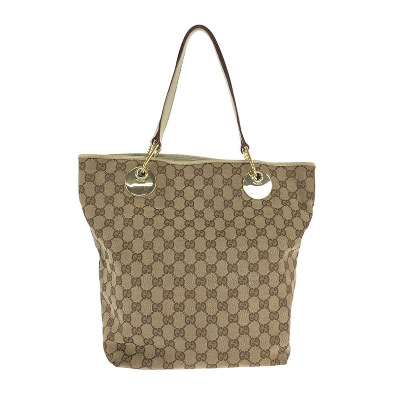 Gucci Beige White Gold GG Canvas Leather Tote Shoulder Bag
