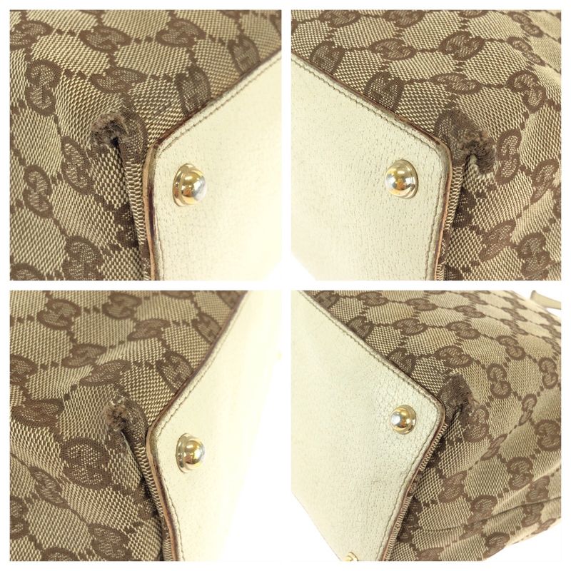 Gucci Beige White Gold GG Canvas Leather Tote Shoulder Bag