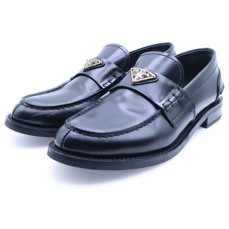 Prada Triangle Logo Brushed Leather Loafers Black Shoes
