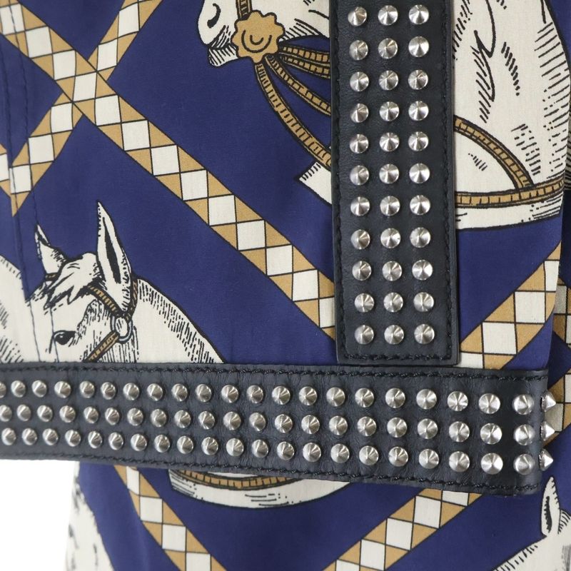 Gucci Leather Studded Lining Hose Print Long Coat Navy