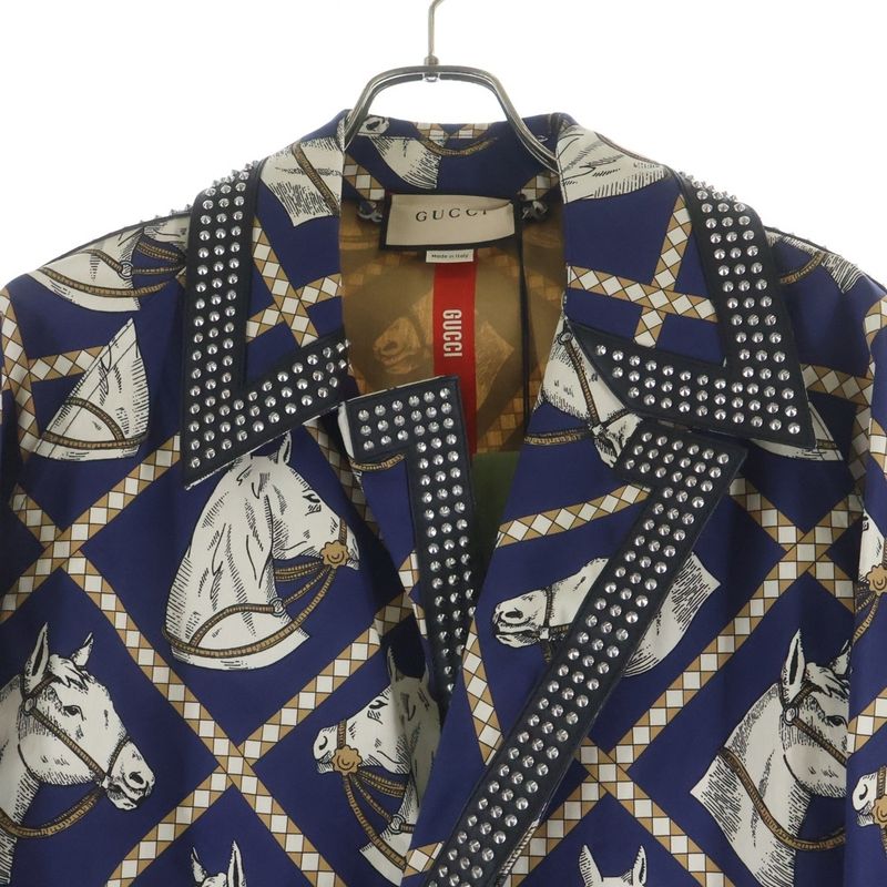Gucci Leather Studded Lining Hose Print Long Coat Navy