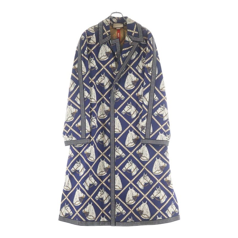 Gucci Leather Studded Lining Hose Print Long Coat Navy