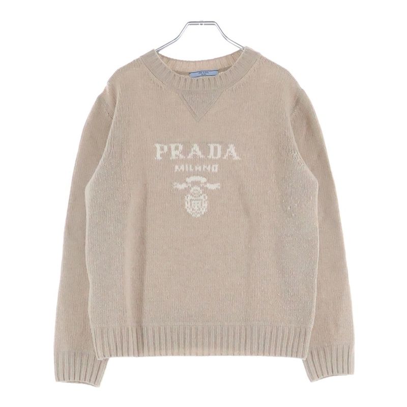 Prada Logo Jacquard Crew Neck Long Sleeve Pullover Sweater Beige
