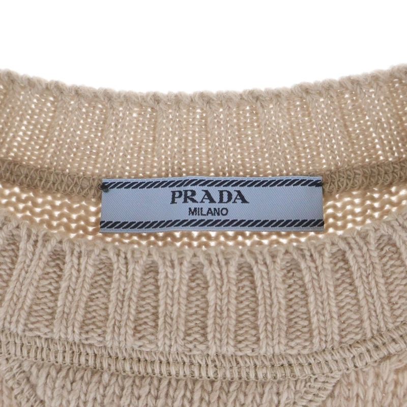 Prada Logo Jacquard Crew Neck Long Sleeve Pullover Sweater Beige