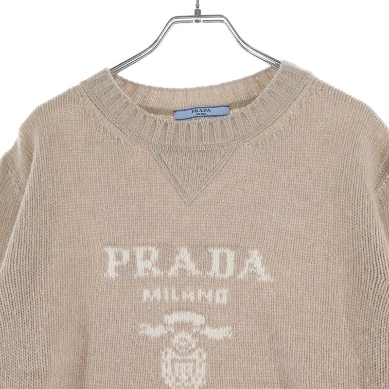 Prada Logo Jacquard Crew Neck Long Sleeve Pullover Sweater Beige