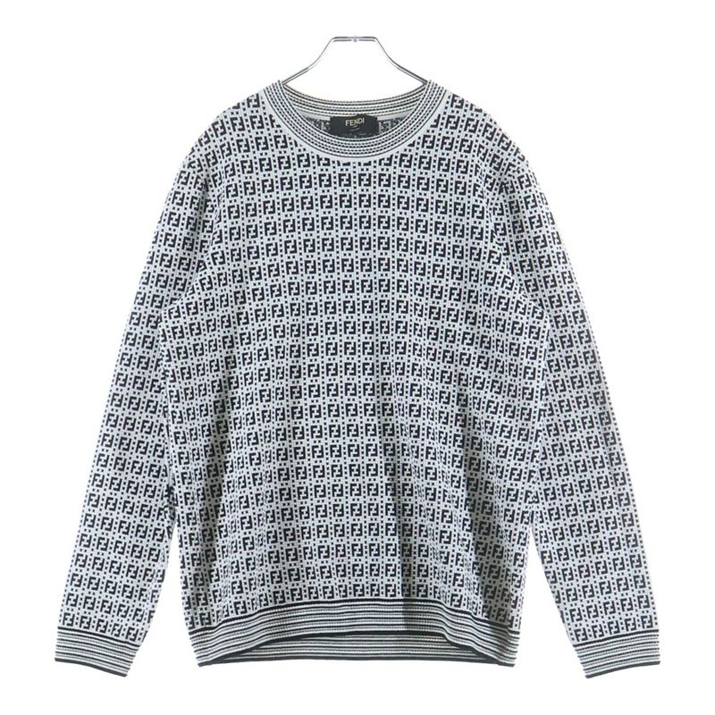 Fendi Zucca Allover Pattern Round Neck Knit Sweater White Black