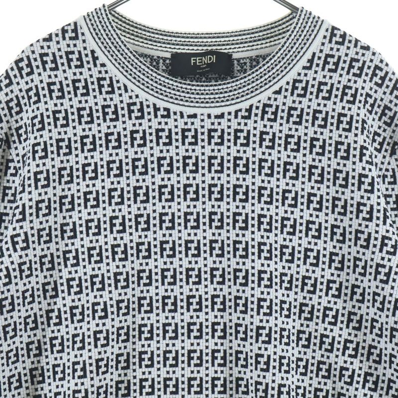 Fendi Zucca Allover Pattern Round Neck Knit Sweater White Black