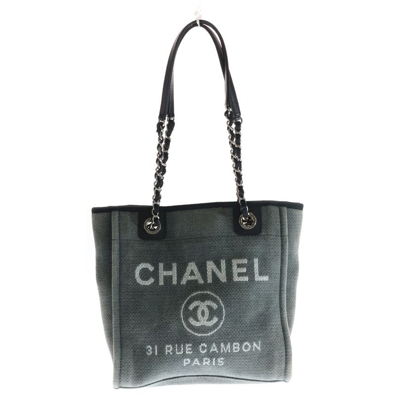 Chanel Deauville PM Shoulder Bag Tote Gray Canvas