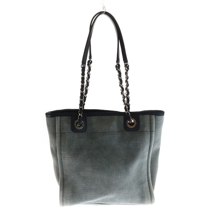 Chanel Deauville PM Shoulder Bag Tote Gray Canvas