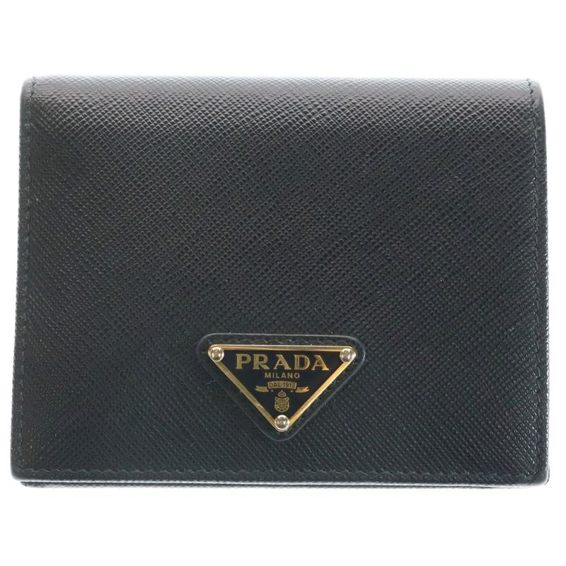 Prada Saffiano Trifold Wallet Compact Coin Case Black Leather