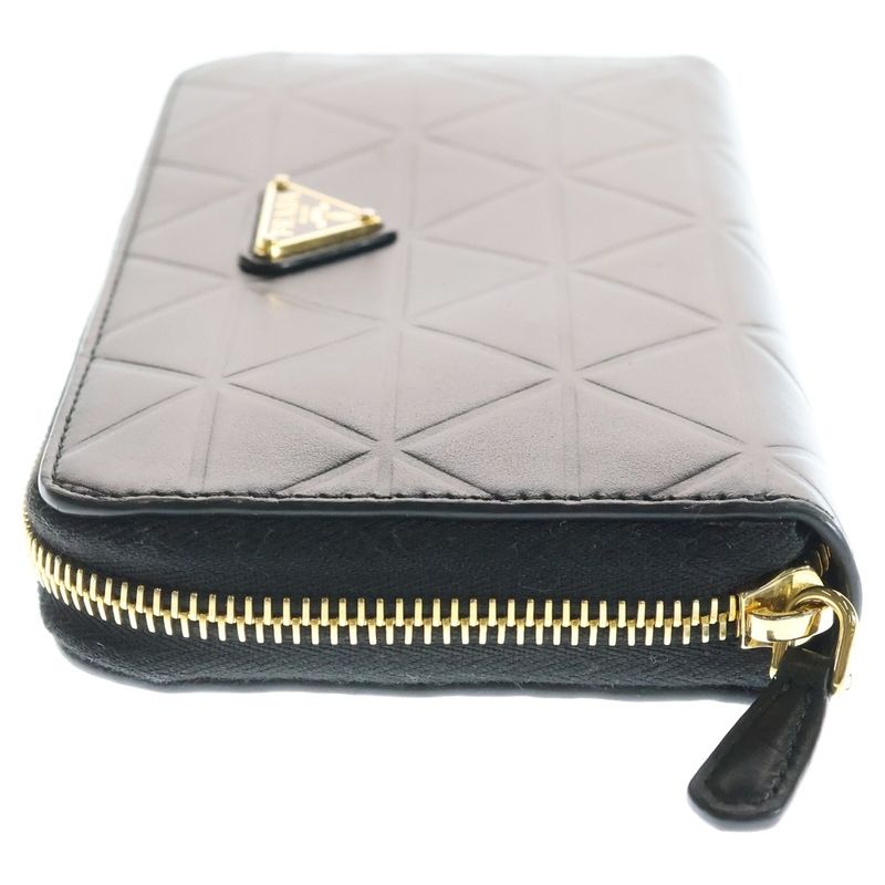 Prada Round Zip Wallet Card Case Black Leather Gold