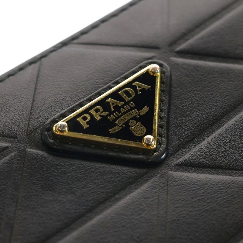 Prada Round Zip Wallet Card Case Black Leather Gold