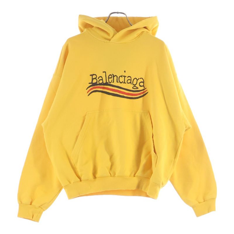 Balenciaga Distressed Logo Print Cotton Jersey Hoodie Yellow