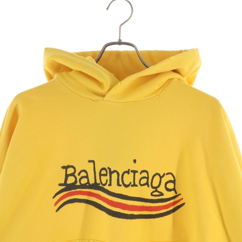 Balenciaga Distressed Logo Print Cotton Jersey Hoodie Yellow