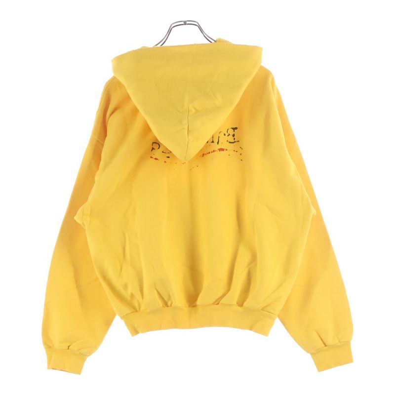 Balenciaga Distressed Logo Print Cotton Jersey Hoodie Yellow