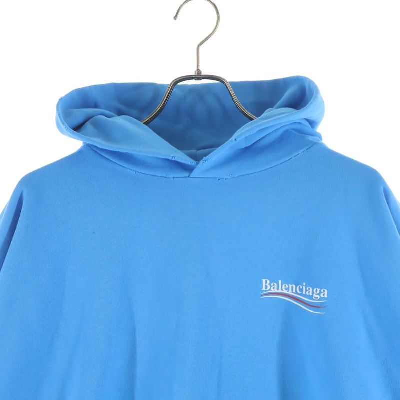 Balenciaga Distressed Campaign Logo Print Pullover Sweatshirt Hoodie Blue Sweater
