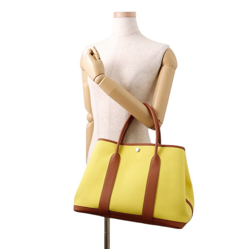 Hermes Tote Garden Party PM Lime Brown Silver Toile Officier