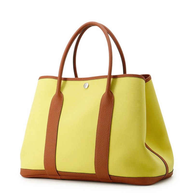 Hermes Tote Garden Party PM Lime Brown Silver Toile Officier