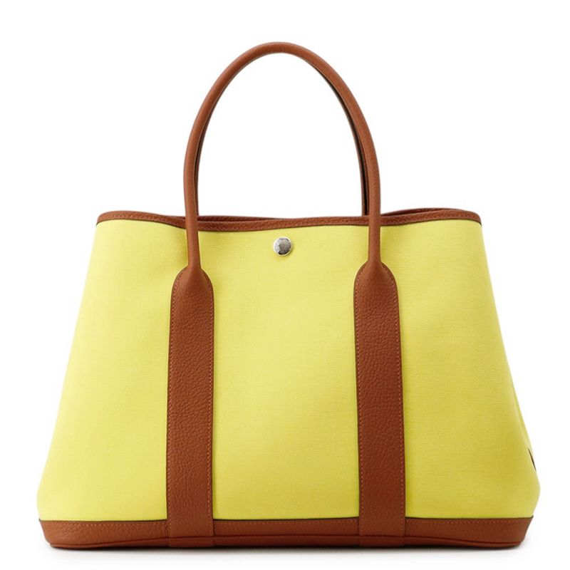 Hermes Tote Garden Party PM Lime Brown Silver Toile Officier