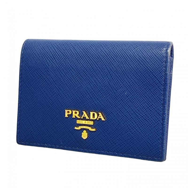 Prada Card Case Saffiano Leather Blue Gold