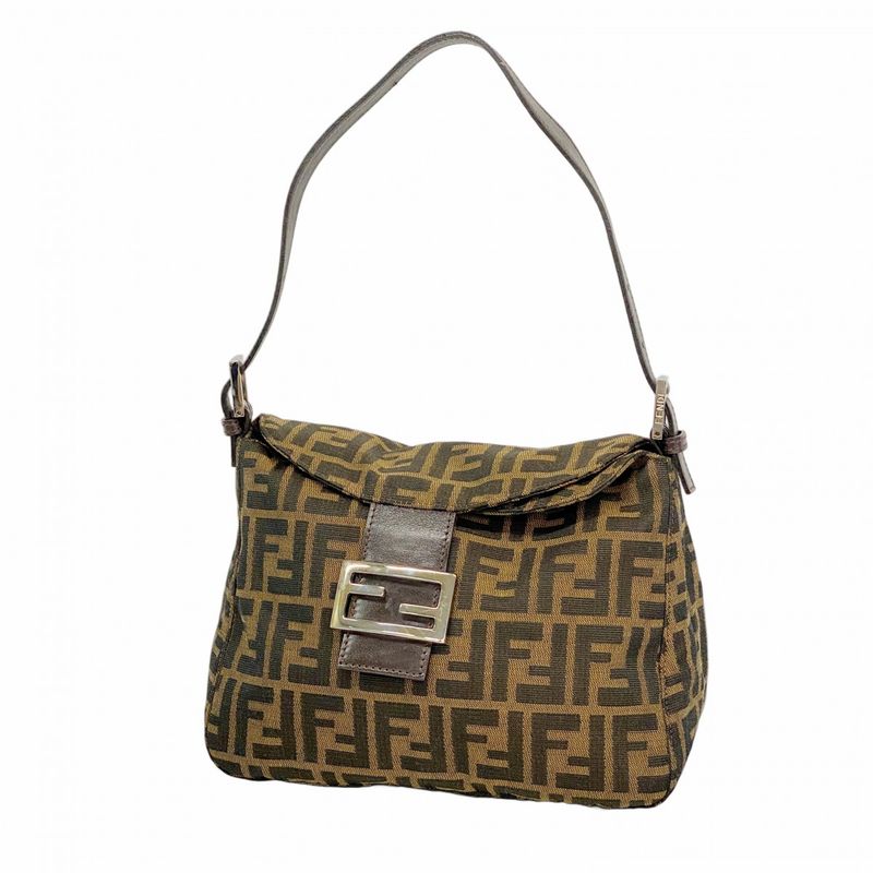 Fendi Handbag Zucca Nylon Canvas Brown Silver