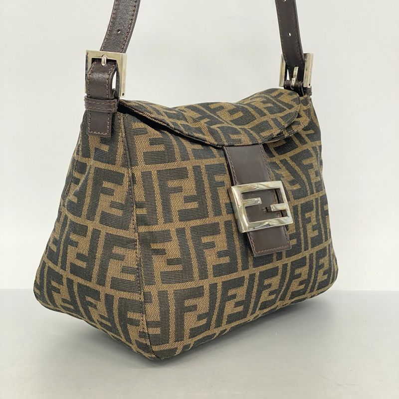 Fendi Handbag Zucca Nylon Canvas Brown Silver