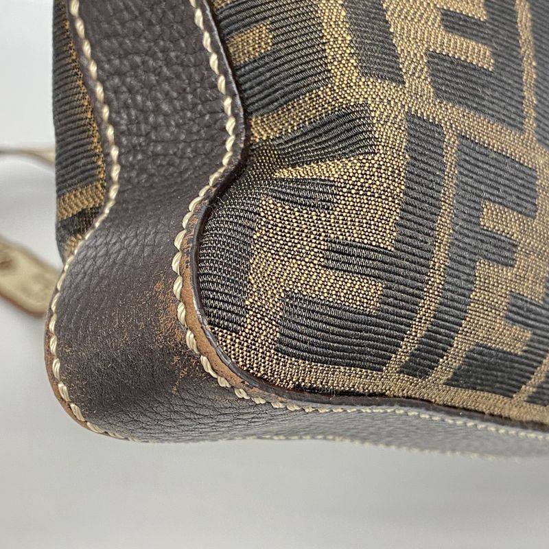 Fendi Shoulder Bag Zucca Selleria Nylon Canvas Brown Silver