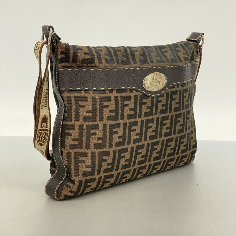 Fendi Shoulder Bag Zucca Selleria Nylon Canvas Brown Silver