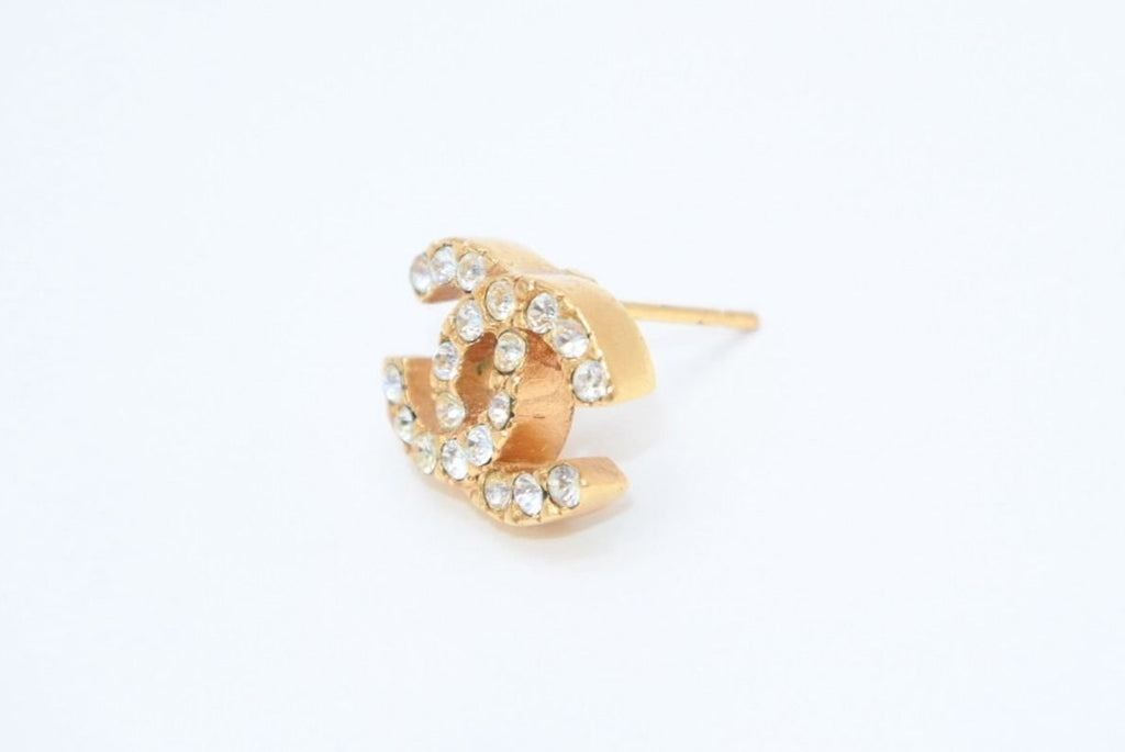 Chanel CC Logo Earrings 01 Rhinestone Metal Gold Clear — view 2