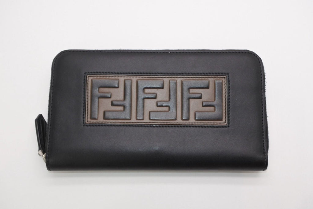 Fendi FF Logo Round Zip Wallet Leather Black Brown Silver
